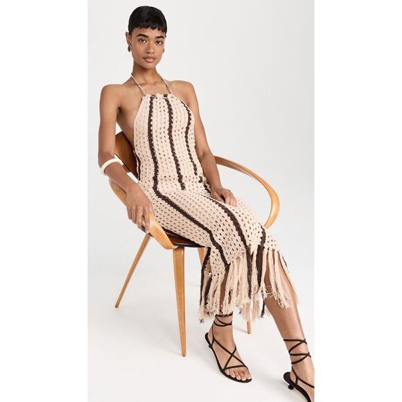 MOON RIVER Women's Halter Fringe Midi Dress size S  Color: Taupe NWT - Picture 1 of 7